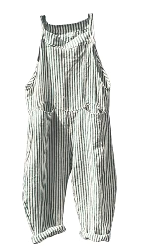 CHARTOU Damen-Oversize-Sommer-Jumpsuit mit Streifen, Cargo-Overall mit weitem Bein, gestreifte Leinenhose, Latzhose, Tasche, Grün gestreift, Large von CHARTOU