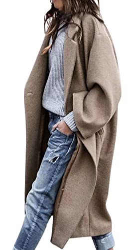 CHARTOU Damen Oversized Kerbkragen Wollmischung Einreihig Midi Langer Trenchcoat, Khaki, L von CHARTOU