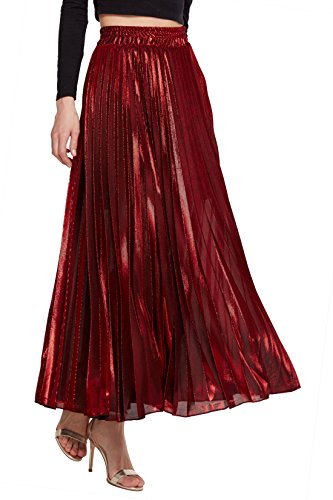 CHARTOU Damen Premium Metallic Shiny Shimmer Akkordeon Plissee Lang Maxi Rock - Rot - XX-Large von CHARTOU