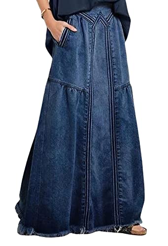 CHARTOU Damen Retro Elastische Hohe Taille Ausgefranster A-Linie Maxi Denim Rock mit Taschen, Dunkelblau, X-Klein von CHARTOU