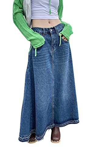 CHARTOU Damen Rücken Elastischer Hohe Taille A-Linie Maxi Lang Denim Jeansrock, Blau, X-Klein von CHARTOU