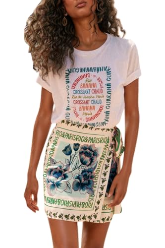 CHARTOU Damen Sommer Blumendruck Wickelrock Kurz Knoten Seite Hohe Taille A-Linie Strand Minirock, Grün , Klein von CHARTOU