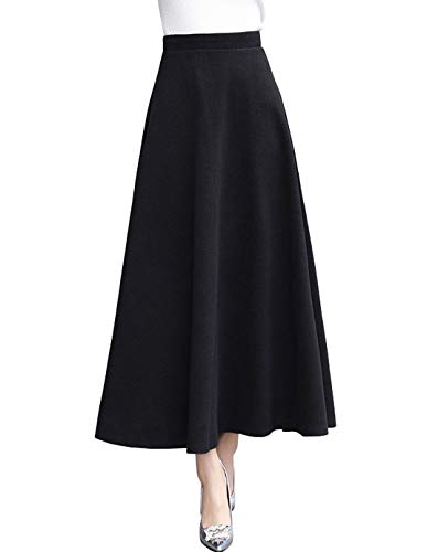 CHARTOU Damen Stretch Hohe Taille Woolen Ausgestellt A Linie Swing Maxi Lange Rock - Schwarz - XX-Large von CHARTOU