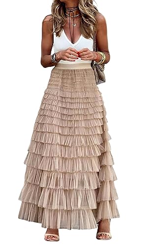 CHARTOU Frauen Layered Tiered Tüll Maxi Rock Sheer Mesh A Line Rock Ausgestellte Elastische Taille Lange Kuchen Rock Party, Khaki, Klein von CHARTOU