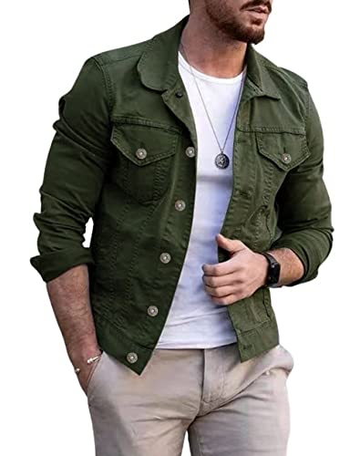 CHARTOU Herren Jeansjacke – Freizeitjacke mit regulärer Passform, Knopfleiste, langen Ärmeln und klassischem Trucker-Stil, Grün (Army Green), S von CHARTOU