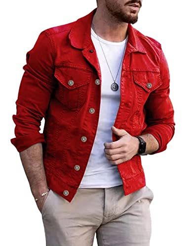 CHARTOU Herren Jeansjacke Casual Regular Fit Button Down Langarm Jean Trucker Jacke, Rot/Ausflug, einfarbig (Getaway Solids), L von CHARTOU