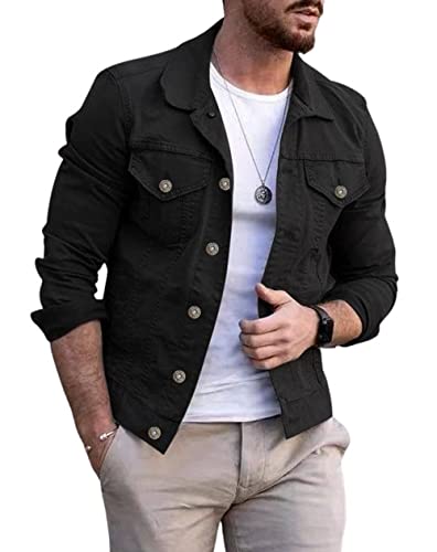 CHARTOU Herren Jeansjacke – Freizeitjacke mit regulärer Passform, Knopfleiste, langen Ärmeln und klassischem Trucker-Stil, Schwarz, M von CHARTOU