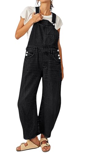 CHARTOU Lässige Denim-Latzhose für Damen, Baggy Barrel Jeans, Y2K, weites Bein, Denim-Overall, mittelhohe Taille, Boyfriend-Haremshose, Schwarz, Medium von CHARTOU