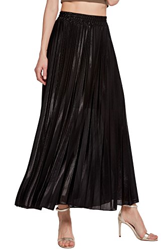 Chartou Damen Premium-metallic glänzend Schimmer akkordeons lang Maxi Skirt plissiert mittel schwarz von CHARTOU