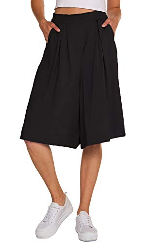 Chartou Damen-Shorts, lockere Passform, gedehnte Taille, Knielang, breites Bein, Culottes - Schwarz - Groß von CHARTOU