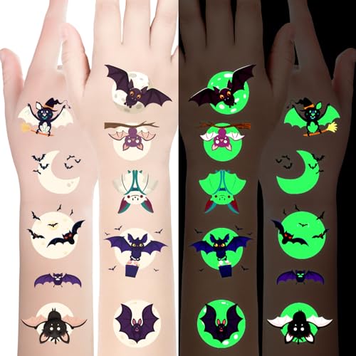 Halloween Tattoos für Kinder - 10 Blatt Leuchtend Temporäre Fledermäuse Tattoo Stickers, Gesicht Tattoos, Deko Mitgebsel Geschenke für Party von CHAWONER