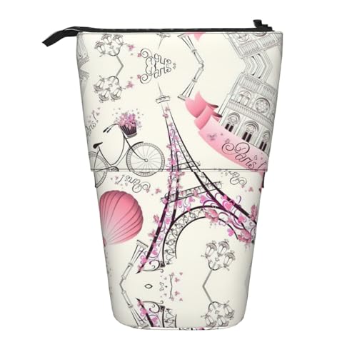 Der Eiffelturm und ein Fahrrad stehendes Teleskop-Federmäppchen aus Oxford-Stoff, tragbar, für Jungen, Mädchen, Teenager, Studenten, Büro, Schwarz , Einheitsgröße von CHAbu