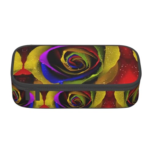 Federmäppchen mit Regenbogen-Rosen, großes Fassungsvermögen, Schreibwaren-Aufbewahrungstasche mit Reißverschluss, Jungen, Mädchen, Studenten, Schule, Schwarz , Einheitsgröße, Koffer von CHAbu