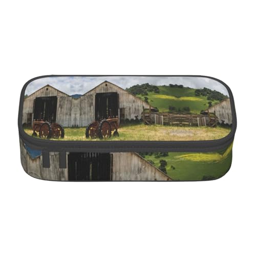 Old Wooden Barn with Rusted Tractor Large Capacity Pencil Case Stationery Storage Bag with Zipper Boys Girls Students School, Schwarz , Einheitsgröße, Koffer von CHAbu