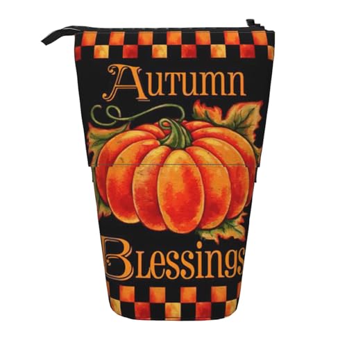 Pumpkin Autumn Blessings Stehendes Teleskop-Federmäppchen aus Oxford-Stoff, tragbar, für Jungen, Mädchen, Teenager, Studenten, Büro, Schwarz , Einheitsgröße von CHAbu