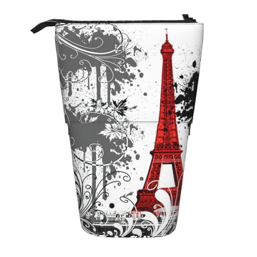 Roter Eiffelturm Spritzmuster Stehende Teleskop-Bleistifttasche Oxford-Tuch Tasche tragbar für Jungen Mädchen Teenager Studenten Büro, Schwarz , Einheitsgröße von CHAbu