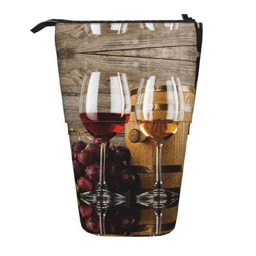 Rotwein-Galssen und Trauben mit hölzernem Teleskop-Federmäppchen, Oxford-Tuch, tragbar, für Jungen, Mädchen, Teenager, Studenten, Büro, Schwarz , Einheitsgröße von CHAbu