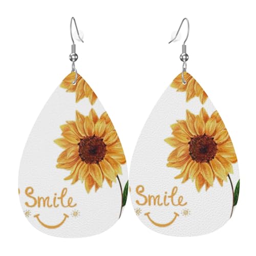 Smile Face Sonnenblumen-Leder-Ohrring für Damen, tropfenförmig, bedruckt, modisches Accessoire, Alltag, Party, Einheitsgröße, Leder von CHAbu