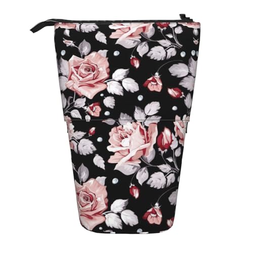 Stehende Teleskop-Bleistifttasche mit rosa Blumen, Oxford-Stoff, tragbar, für Jungen, Mädchen, Teenager, Studenten, Büro, Schwarz , Einheitsgröße von CHAbu