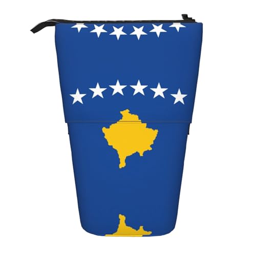 Stehendes Teleskop-Federmäppchen mit Flagge des Kosovo, Oxford-Stoff, tragbar, für Jungen, Mädchen, Teenager, Studenten, Büro, Schwarz , Einheitsgröße von CHAbu
