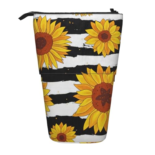 Stilvolle Sonnenblumen-Stehende Teleskop-Bleistifttasche aus Oxford-Stoff, tragbar, für Jungen, Mädchen, Teenager, Studenten, Büro, Schwarz , Einheitsgröße von CHAbu