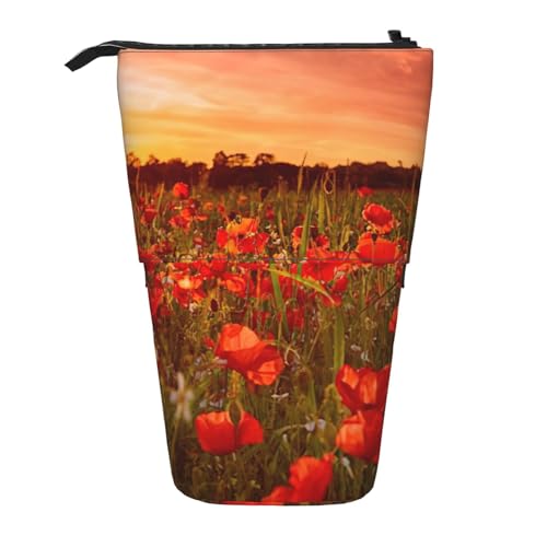 Sunset Flower Field Stehendes Teleskop-Federmäppchen aus Oxford-Stoff, tragbar, für Jungen, Mädchen, Teenager, Studenten, Büro, Schwarz , Einheitsgröße von CHAbu