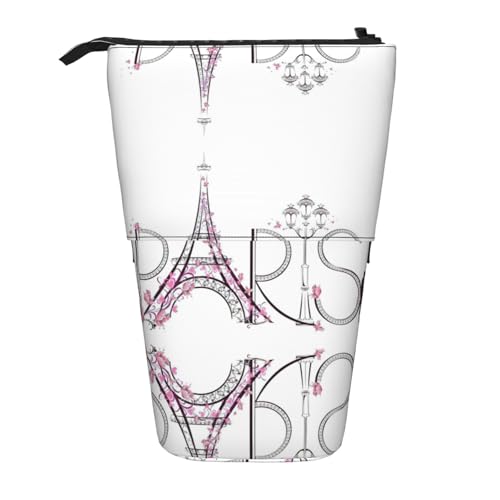 Turm Eiffel mit Paris Paar Reise Blumen Blumen Stehend Teleskop-Bleistifttasche Oxford Tuch Tasche Tragbar für Jungen Mädchen Teenager Studenten Büro, Schwarz , Einheitsgröße von CHAbu