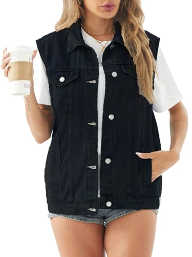 Damen Jeansweste Casual Ärmellos Jeansjacke, Schwarz (B), XX-Large von CHBAZH