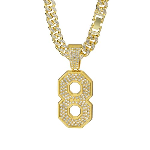 CHCWR 2025 Neue Nummer 8 Halskette Herren Halskette Nummer 8 Anhängerer Hals mit Kristall -Strasssteinen, goldplattierter kubanischer Kette, Stilkettenlänge 23,62 Zoll von CHCWR