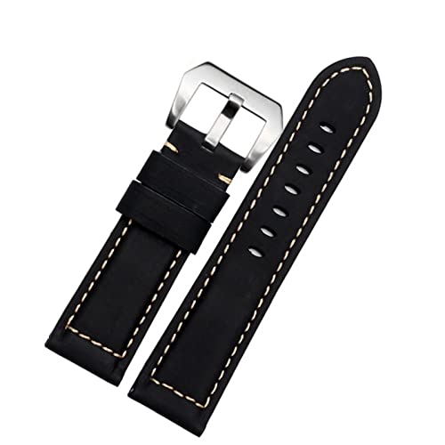 CHCWR 20mm 22 mm 24 mm 26 mm echtes Leder Retro Man Watch Band für Panerai PAM111 441 Cowhide Watchband Handgelenksgurt (Farbe: Retro Schwarz Silber, Größe: 24 mm) von CHCWR