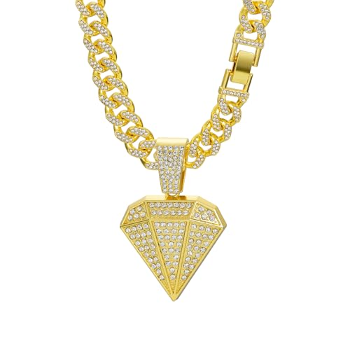 CHCWR Diamant Halskette für Männer Luxus Diamantform Pendell Halskette, golettierte kubanische Kette mit Kristall Strassstich Rap Accessoires Kette Länge 23,62 Zoll von CHCWR