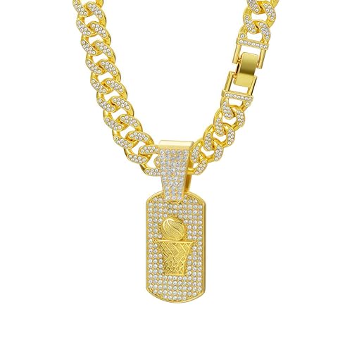 CHCWR Diamond Herren Halskette Gold Luxus Basketballhund-Tag Anhängerketten Halskette, goldplattierte, kristallgeköpfte kubanische Verknüpfungskette Länge 23,62 Zoll von CHCWR