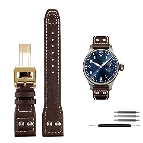 CHCWR Echte Ledernieten Uhrenband für IWC Big Pilot Spitfire Cowhide Folding Schnalle MEN MEN GEIRT 21mm 22 mm (Farbe: brauner Silberverschluss, Größe: 21 mm) von CHCWR