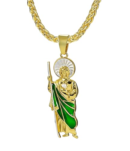 CHCWR Herren Diamant besetzt Schmuck Saint Jude Religiöse Anhänger Halskette mit grünem Emaille Detail, Gold-Tone-Kette Frauen Halskette Kette 23,62 Zoll von CHCWR
