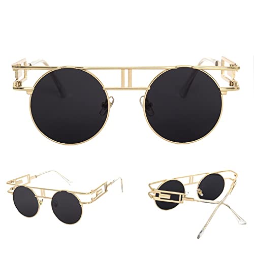CHCWR Retro Oversized Sonnenbrille für Herren Steampunk Sonnenbrille Spiegel Runde Vintage Brillen UV400, C3 Gold Black, Einheitsgröße CHCWR Retro Oversized Sonnenbrille für Herren Steampunk Sonnenbrille Spiegel Runde Vintage Brillen UV400, C3 Gold Black, Einheitsgröße von CHCWR