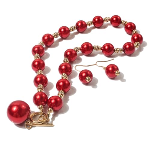 CHCWR Simulierte Perle Halshalskette Drop Dangle Ohrringe Kristall großer Lätzchen Big Round Perlen Strang Multicolor Brides Kostüm 1920er Hochzeit Schmuck Set für Frauen-Red von CHCWR
