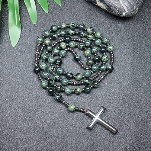 CHCWR Trendy Crosses Anhänger Halskette Rosenkranz Halsketten für Männer Frauen 8mm Polar Jade Stein Perlen Meditation Halskette von CHCWR