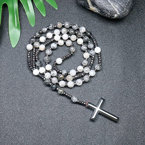 CHCWR Trendy Crosses Anhänger Halskette Rosenkranz Halsketten für Männer Frauen 8mm Polar Jade Stein Perlen Meditation Halskette von CHCWR