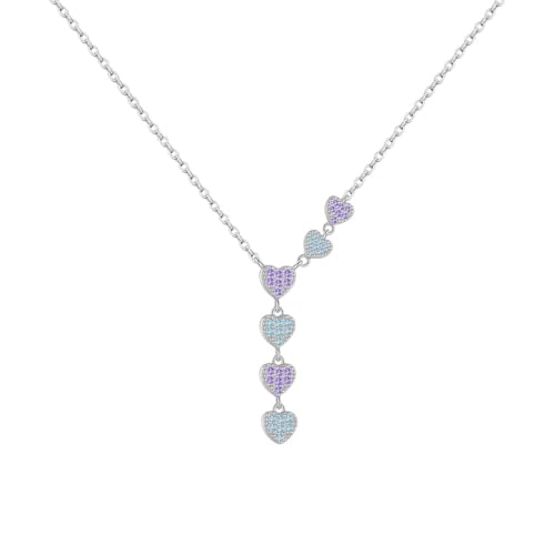 NEU 2025 925 Sterling Silber Gold Hellblau Purple Herz Anhänger Langes Halskette Luxus Frauen zarte feine Schmuck Modetrendy Accessoires kreatives Geschenk von CHCWR