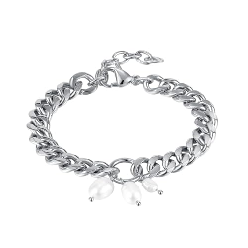 NEU 2025 UNISEX MENS Women Edelstahl mit Perle Charme Armband Bordsteinkette Mode Schmuck Erkenntnisse 16,5 cm+3,5 cm Silber/Gold Trendy Accessoires kreatives Geschenk für Frauen und Männer von CHCWR