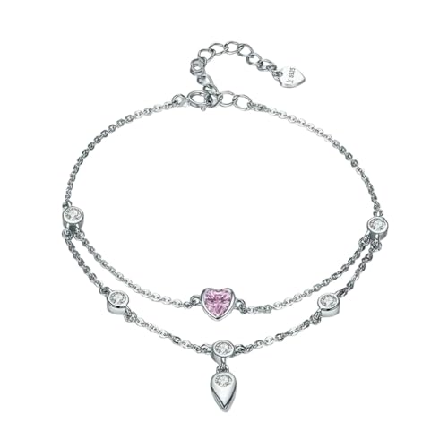 Neue 2025 Romantische 925 Sterling Silber Sweet Heart Pink CZ Doppelschichten Armbänder für Frauen Sterling Silber Dekoration Schmuck Gedenk für Sie Accessoires Trendy Creative Beste für Geschenk von CHCWR