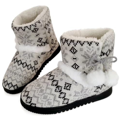 CHDDHX Hüttenschuhe Damen Hausstiefel Winter Plüsch Gefüttert Hausschuhe Hohe Warm Feste Sohle Pantoffeln für Frauen Grau 37 38 von CHDDHX