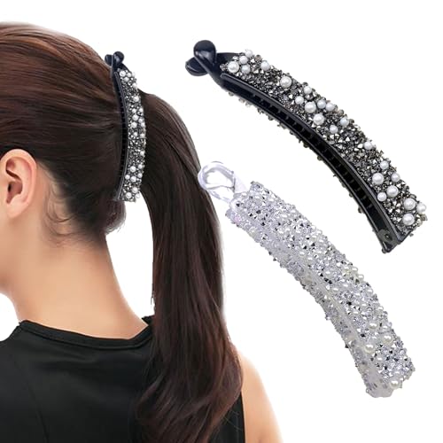 2 Stück Bananenspange Haare, Strass Perlen Banane Haarspangen, Bananenspange Clip Thin Hair Geeignet für Frauen, Mädchen (Schwarz + Silbrig) von CHDZSW