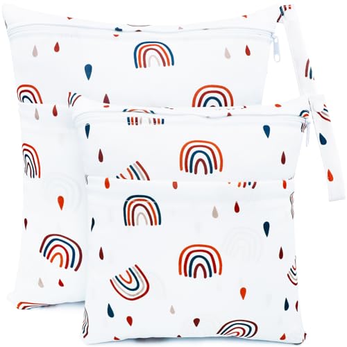 CHEESANHERR Nasstaschen Windeltasche, 2 Stück Wetbag Organiser Kindergarten, Stoffwindeln Wickeltasche Groß Nasssack Nassbeutel Naßtasche Wiederverwendbare wasserdichte für Baby (Weißer Regenbogen) von CHEESANHERR