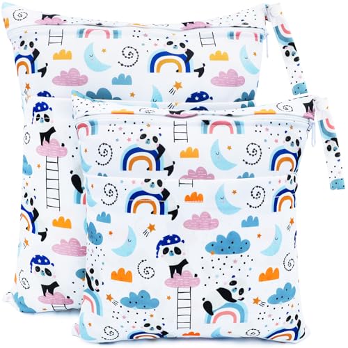 CHEESANHERR Nasstaschen Windeltasche, 2 Stück Wetbag Organiser Kindergarten, Stoffwindeln Wickeltasche Groß Nasssack Nassbeutel Naßtasche Wiederverwendbare wasserdichte für Baby (Weißer Panda) von CHEESANHERR