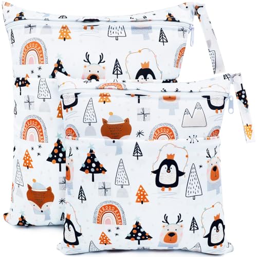 CHEESANHERR Nasstaschen Windeltasche, 2 Stück Wetbag Organiser Kindergarten, Stoffwindeln Wickeltasche Groß Nasssack Nassbeutel Naßtasche Wiederverwendbare wasserdichte für Baby (Weißer Pinguin) von CHEESANHERR