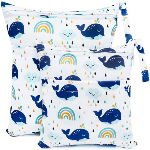 CHEESANHERR Nasstaschen Windeltasche, 2 Stück Wetbag Organiser Kindergarten, Stoffwindeln Wickeltasche Groß Nasssack Nassbeutel Naßtasche Wiederverwendbare wasserdichte für Baby (Weißer Wal) von CHEESANHERR