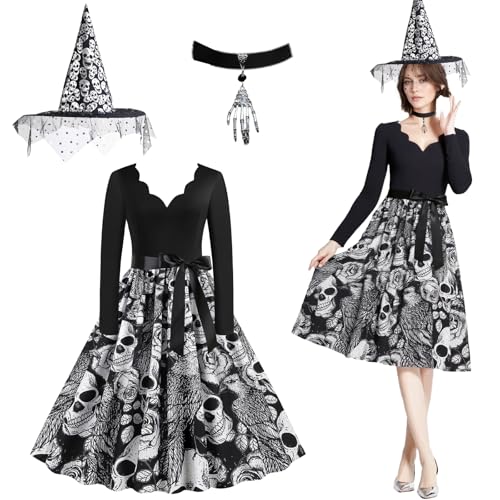 Halloween Kostüm,Gothic Totenkopf Rosendruck,Rosendruck Partykleid,Swing Cocktailkleid,Rockabilly Petticoat Kleid,Stylisches Bedrucktes Cocktailkleid,für Karneval,Fasching,Mottoparty,Halloween von CHENBOOW