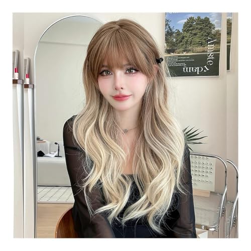 Damenperücke Modeperücke Frauenkörper gewellte hellbraune Farbverlaufsperücke for Frauen hochdichte synthetische modische geschichtete Perücken mit Pony Perücke(Light brown) von CHENGAIJIAN