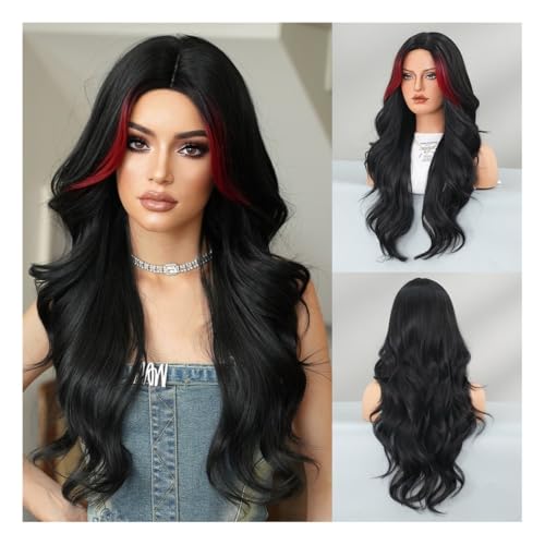 Damenperücke Modeperücke Mehrfarbige, optionale Mode-Damen-Mittelscheitel-Perücke mit langem lockigem Haar, große Wellen-Mechanismus-Perücke Perücke(Black 1-76cm) von CHENGAIJIAN